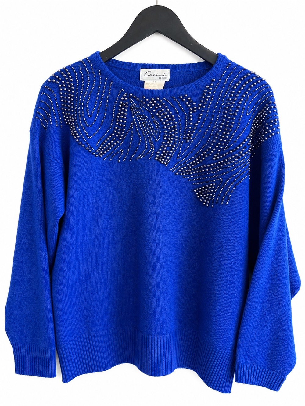 Vintage Carini Blue Knit Sweater Studded Crewneck Retro Cozy Size M/L